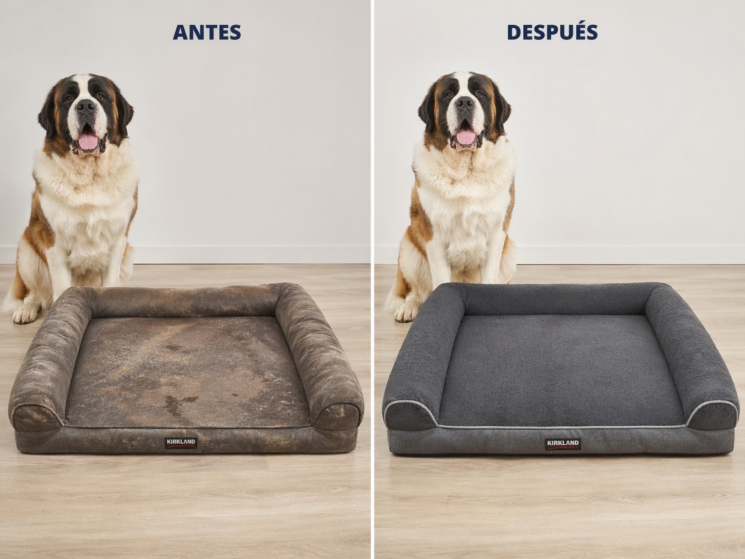 Antes y después de cama para mascota con perro