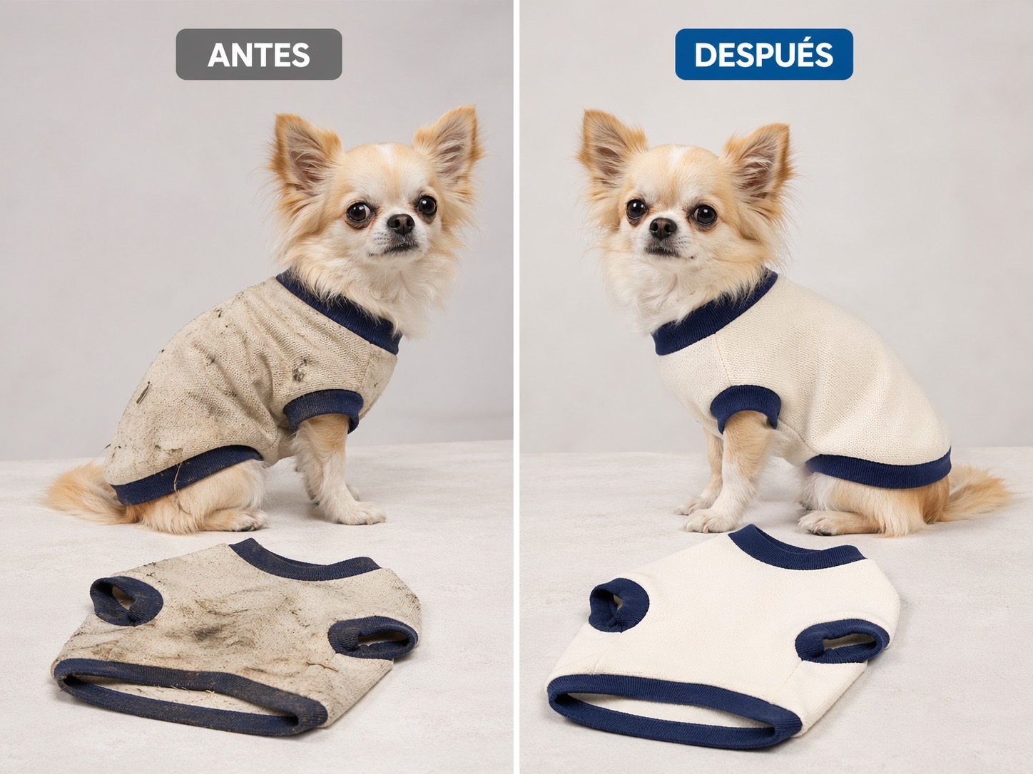 Antes y después de ropa para mascota