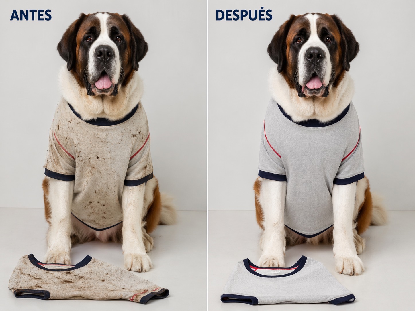 Antes y después de ropa para perro grande